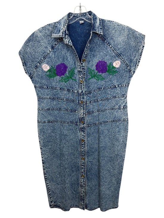 Vintage Dresses & Skirts - Vintage Acid Wash Floral Embroidered Denim Midi Shirt Dress Size Medium 80s 90s